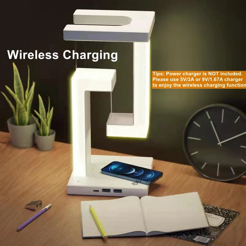LED Suspending Anti-gravity Night Light with 10W Wireless Charger Desk Lamp Dimmable Table Light for Bedroom Bedside Decor Light