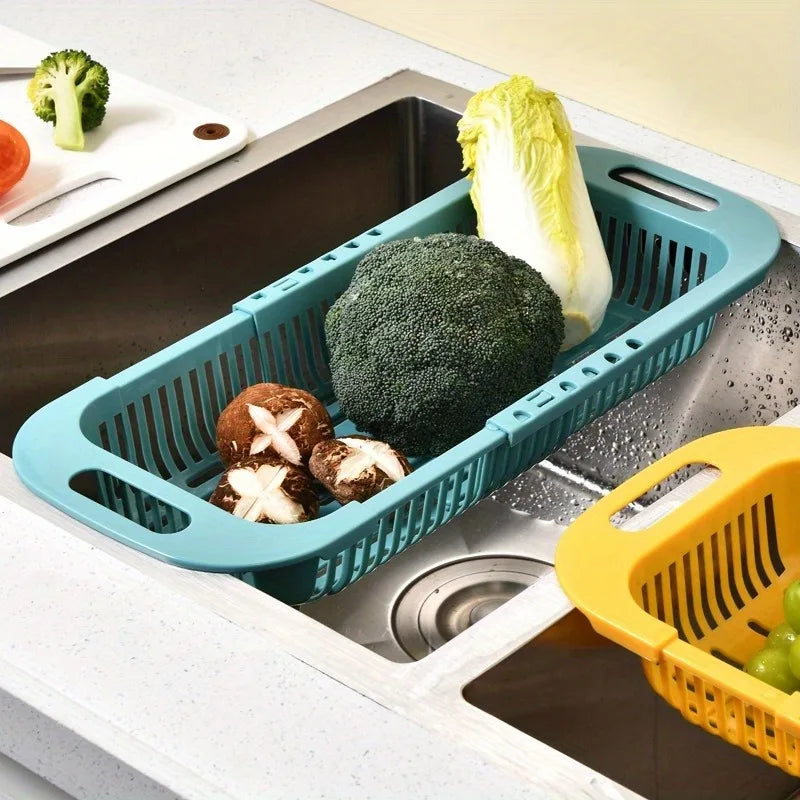 Adjustable Over Sink Colander Strainer - Uncharged Plastic Multi-Use Kitchen Prep Gadget for Fruits & Vegetables