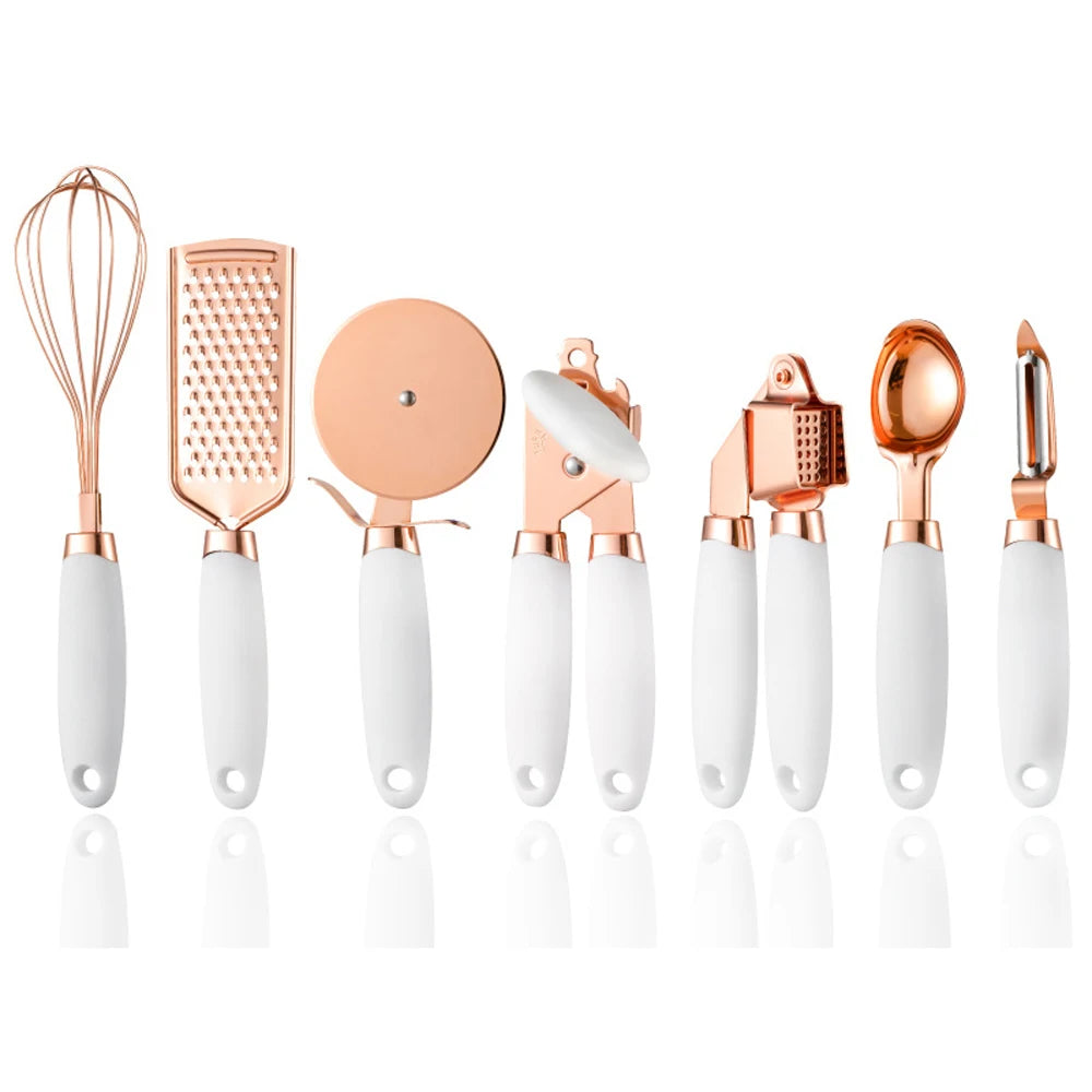 7Pcs Kitchen Gadget Set Copper Coated Stainless Steel Utensils with Soft Touch Rose Gold Garlic Press Pizza Cutter Kitchenware