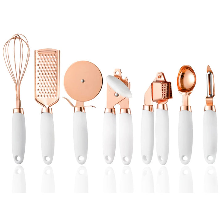 7Pcs Kitchen Gadget Set Copper Coated Stainless Steel Utensils with Soft Touch Rose Gold Garlic Press Pizza Cutter Kitchenware