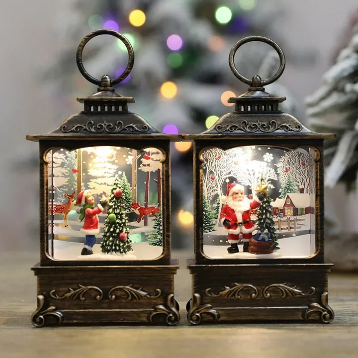 "LED Christmas snow globe lantern glowing on mantelpiece"
