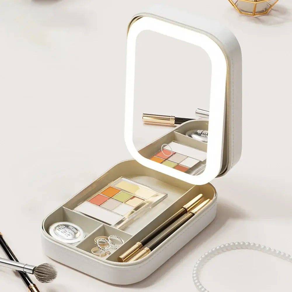 "compact portable makeup case with built-in LED lights"

