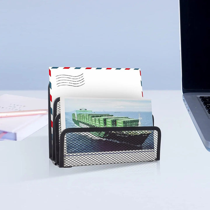 Folder Holder Desk, 2 Pack Mail Organizer Letter Holder for Desk Metal Mesh with 3 Vertical Upright Compartments