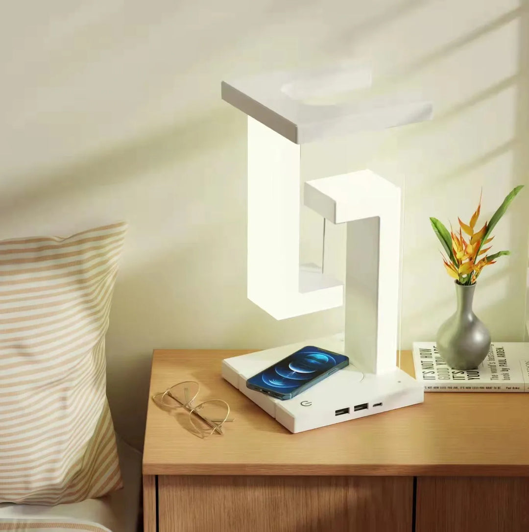 LED Suspending Anti-gravity Night Light with 10W Wireless Charger Desk Lamp Dimmable Table Light for Bedroom Bedside Decor Light