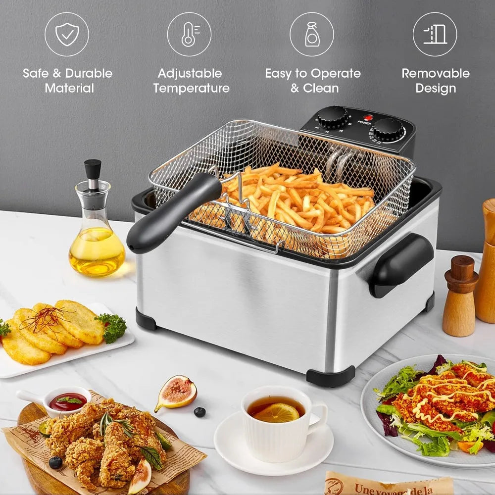 Electric Deep Fryer with 3 Baskets, Frier Cookers Home Fryer,Lid with View Window, Adjustable Temperature and Timer