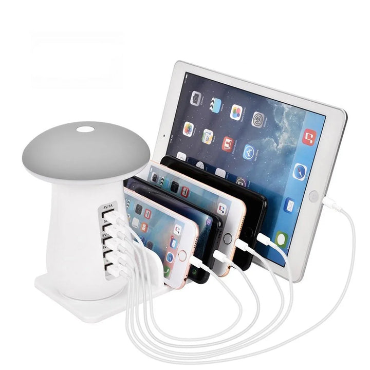 Five Ports Charging Station Desk ganizer With Mushroom Lamp Safety System For Tablet Mobile Phone Accessories Dust Plug White