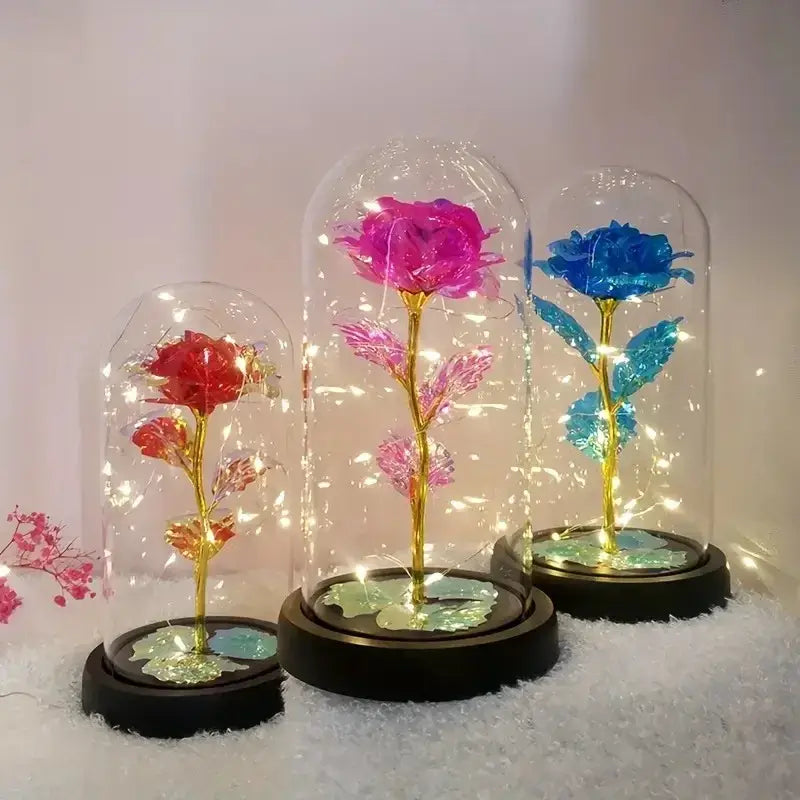 romantic rose lamp with LED light inside glass dome