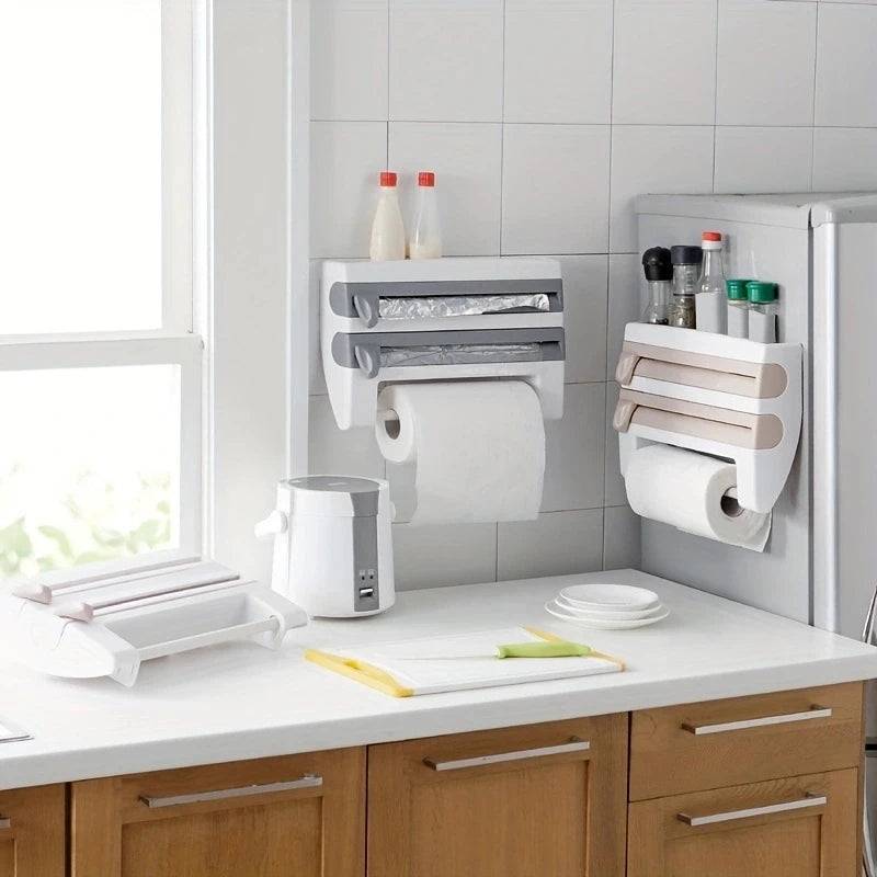 1PC Kitchen Shelf Cling Film Organizer with Cutter, Tin Foil Cutting, Paper Towel Holder, Towel Rack Multifunctional Storage