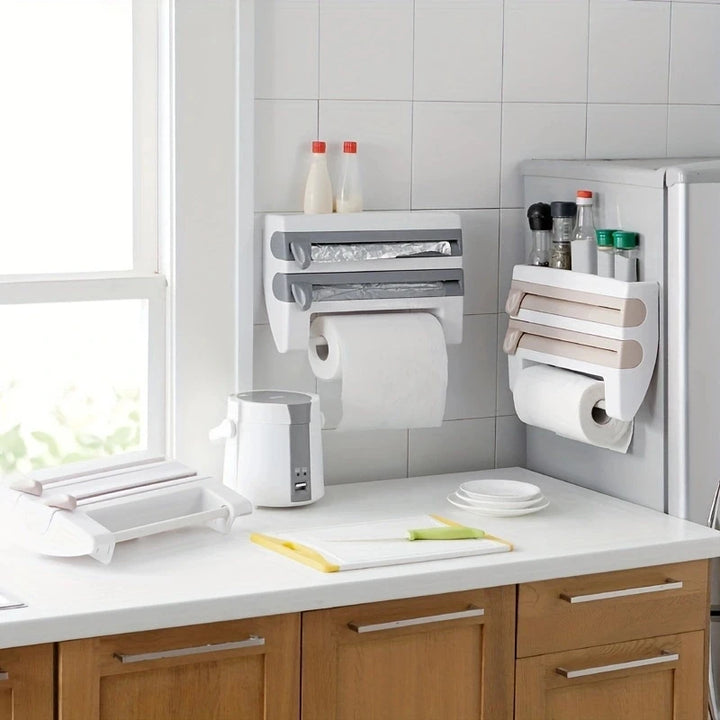 1PC Kitchen Shelf Cling Film Organizer with Cutter, Tin Foil Cutting, Paper Towel Holder, Towel Rack Multifunctional Storage