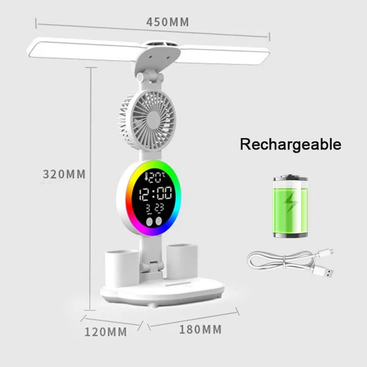 "compact led desk lamp with fan and time display"