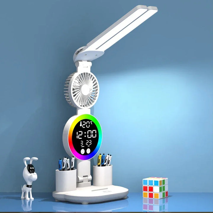 "rechargeable led desk lamp with mini fan and clock"