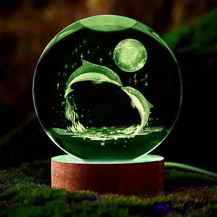 1pc 3D Dolphin Moon Crystal Ball, Birthday Gift To Wife Friend 3D Laser Etched Marine Animal Indoor Statue Lamp Decoration