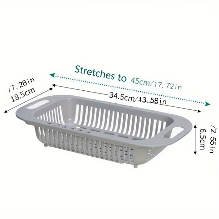 Adjustable Over Sink Colander Strainer - Uncharged Plastic Multi-Use Kitchen Prep Gadget for Fruits & Vegetables