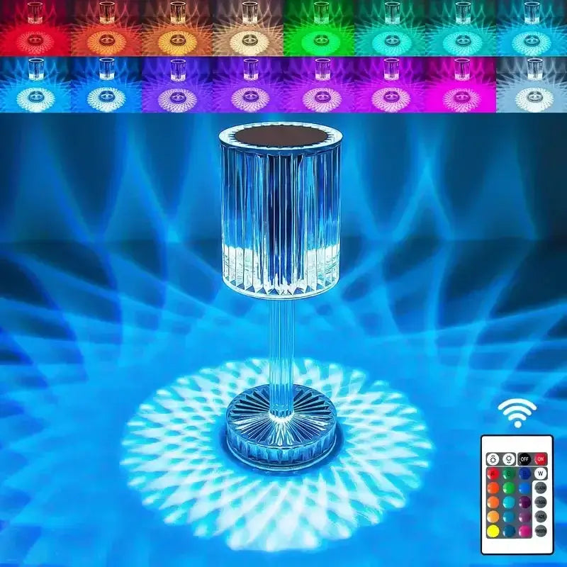 "modern crystal table lamp glowing on bedside table"