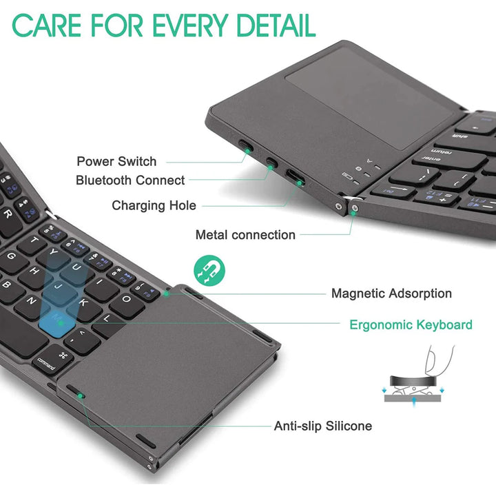 SeenDa Foldable Bluetooth Keyboard with Touchpad Wireless Rechargeable Ultra Slim Pocket Folding Keyboard for Tablet Laptop
